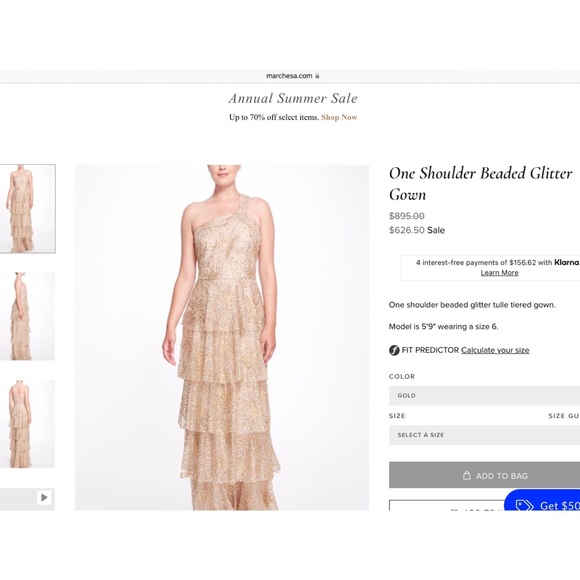 MARCHESA NOTTE GOLD GLITTER & BEADED TIERED GOWN - Picture 7 of 7